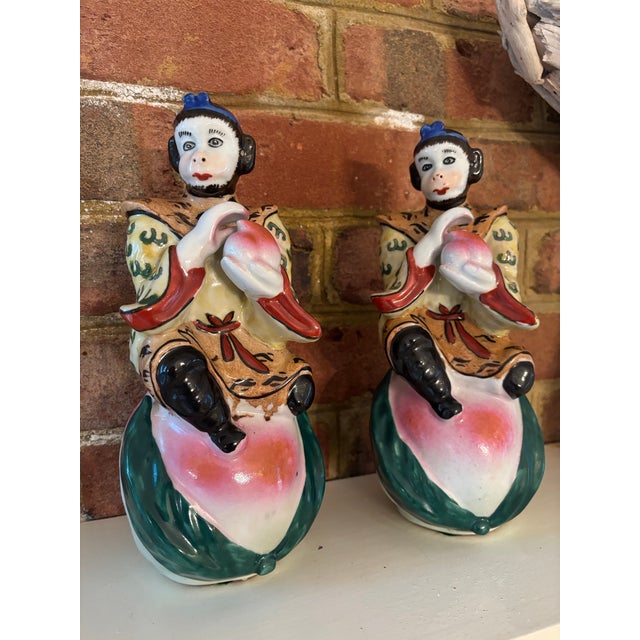 Mid-20th Century Chinoiserie Porcelain Monkey & Longevity Peach Figurines - Pair For Sale - Image 11 of 13