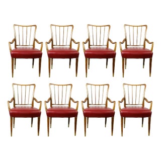 Mid-Century Austrian Walnut and Red Leather Dining Armchairs from Oswald Haerdtl, Set of 2 For Sale