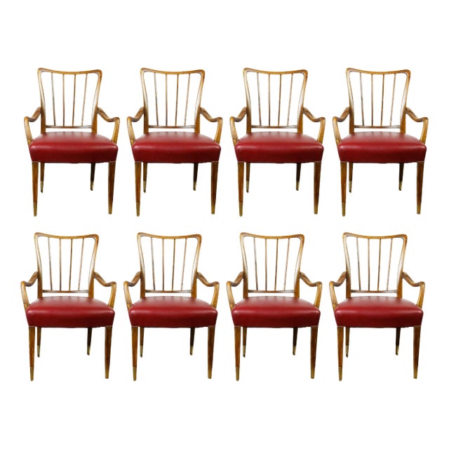 Mid-Century Austrian Walnut and Red Leather Dining Armchairs from Oswald Haerdtl, Set of 2 For Sale