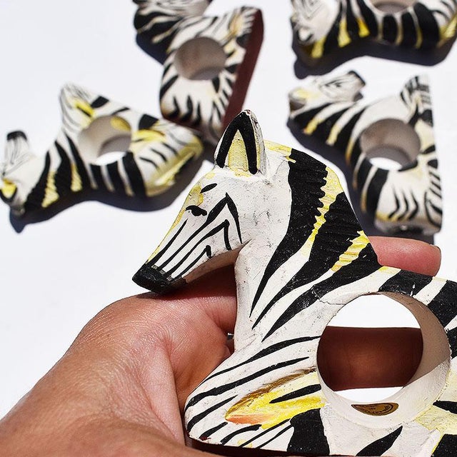 Carved Wood Zebra Animal Napkin Rings in Black and White, Philippines Set of 8 Chairish