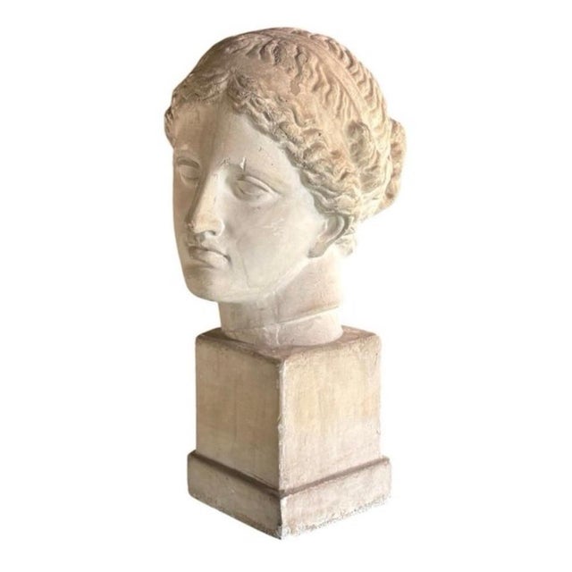Classical female bust, circa 1960, inspired by Greco-Roman art and made of hollow, molded plaster. It belongs to the...