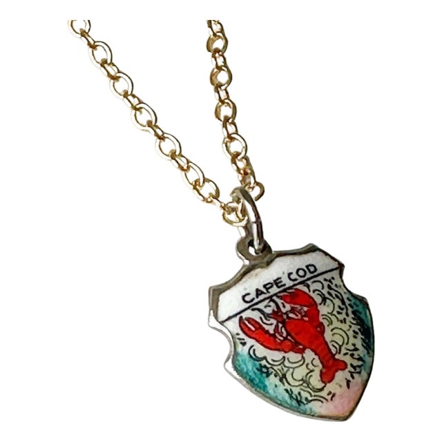 Massachusetts Cape Cod Lobster Vintage Fritz Reu Sterling Silver Enamel Charm on New 18 Inch Gold Filled Necklace For Sale