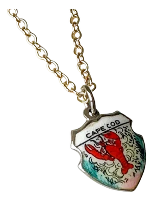 Massachusetts Cape Cod Lobster Vintage Fritz Reu Sterling Silver Enamel Charm on New 18 Inch Gold Filled Necklace