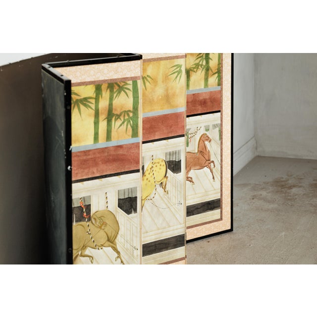 Japanese Inspired Six-Panel Screen with Horses in Stable with Bamboo Backdrop For Sale - Image 13 of 18