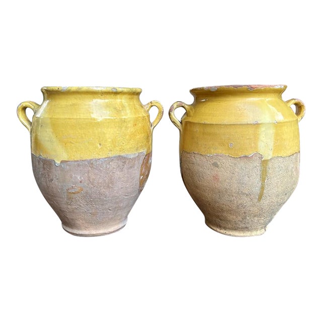 Pair Antique Provincial French Yellow Glazed Pottery Confit Pot Urn Vessel Vase For Sale