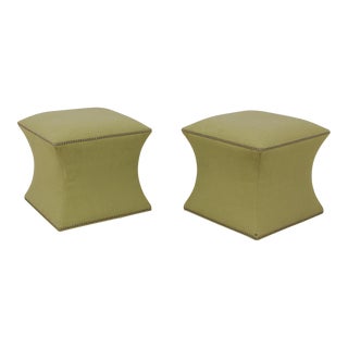 Pair Ballard Designs Green Upholstered Modern Ottomans For Sale