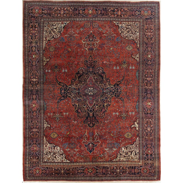 19th Century Antique Farahan Sarouk Carpet, Handmade Oriental Rug, Red, Navy For Sale - Image 13 of 13