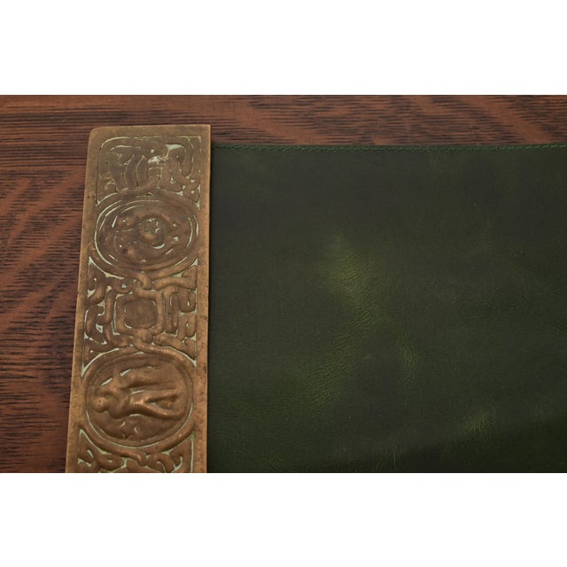 Early 20th Century Tiffany Studios New York Zodiac Bronze Blotter Ends With Leather Desk Blotter For Sale - Image 5 of 12