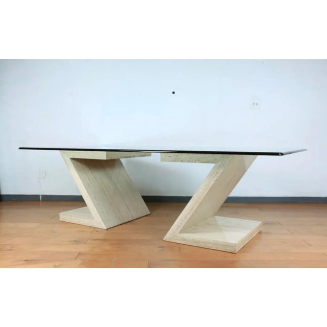 Beautiful massive Z travertine pair of base holding a large rectangular glass top. Traverine bases are both well taken...