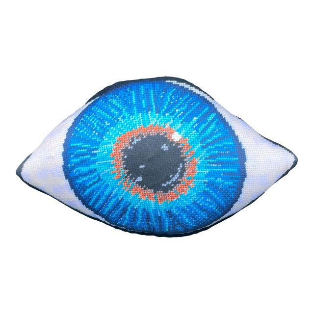 Organic Cotton Sateen "Blue Eye" sculpted pillow, custom, original For Sale