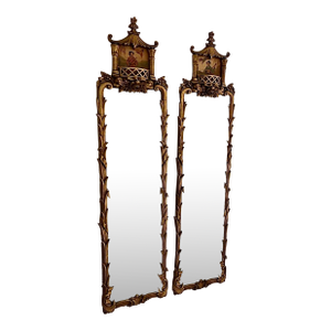 Antique Asian Chinoiserie Hand Carved Gilt Pagoda Mirrors - A Pair