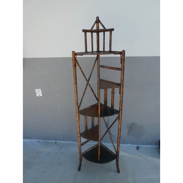 Tall Victorian Japanned Bamboo Corner Etagere in good structural condition showing normal signs of wear to lacquered...