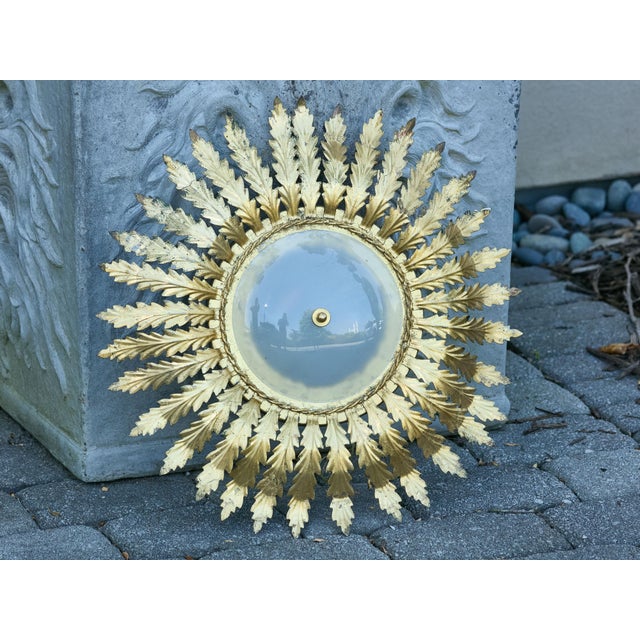Mid 20th century Spanish Gilt Metal Semi-Flush Sunburst Light Fixture with Star Motifs For Sale - Image 10 of 12