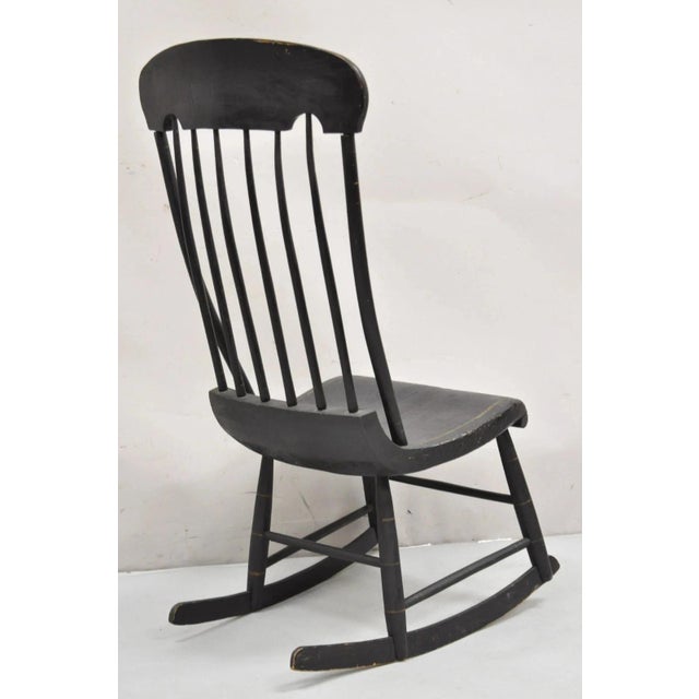 Antique Colonial Stencil Back Black Painted Plank Bottom Rocker Rocking Chair For Sale - Image 9 of 12
