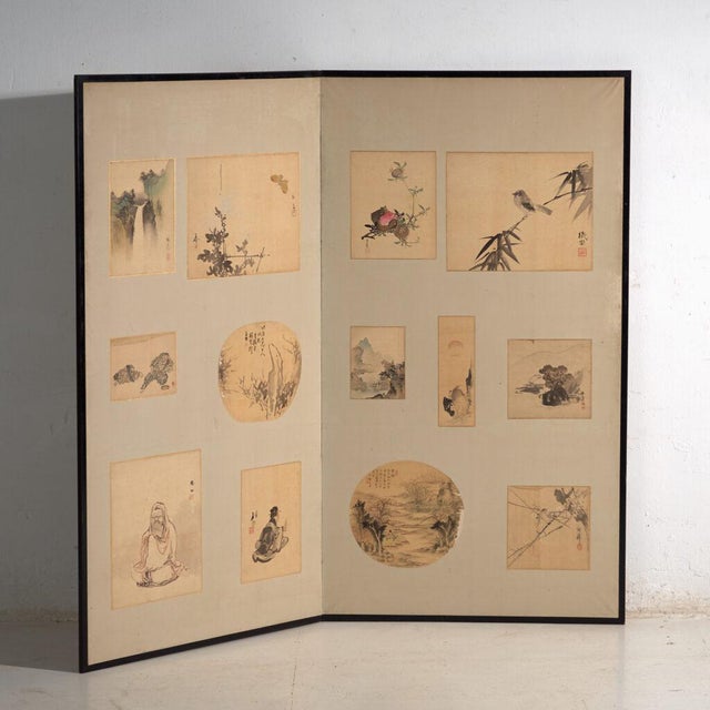 Antique Japanese Two-Panel Screen with Mounted Paintings, Japan, 1900 For Sale - Image 10 of 10