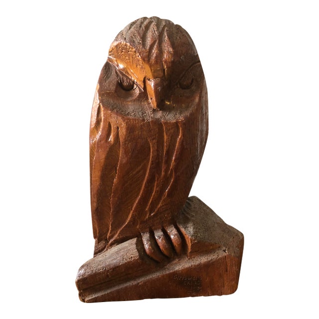 Vintage Hand Carved Wood Owl For Sale