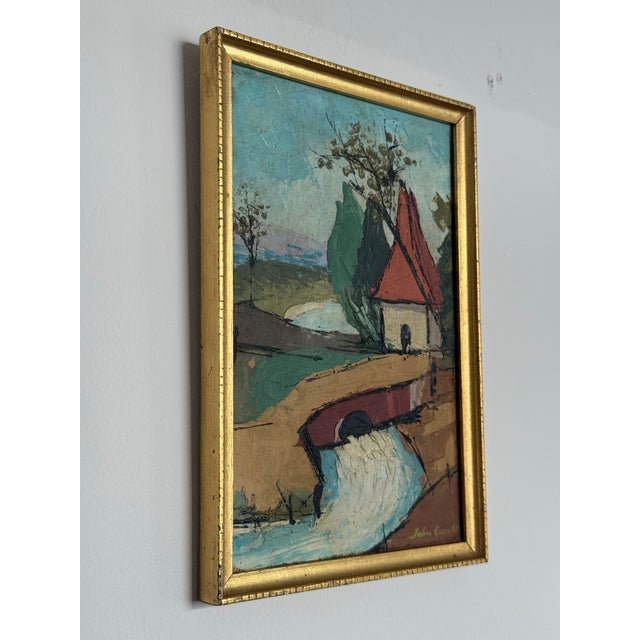 English Early 20th Century Small Village Landscape Painting Signed “John Combs” For Sale - Image 3 of 8