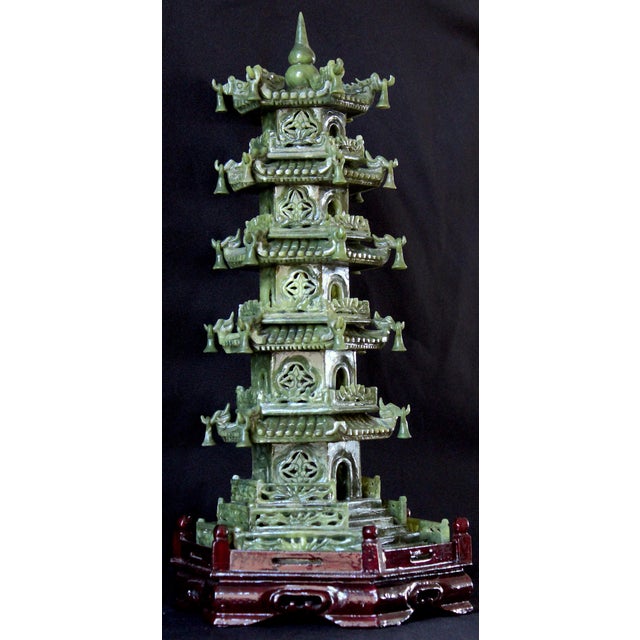 Jade Vintage Chinese Jade Pagoda Sculpture – Hand-Carved Multi-Tier Celadon Green Temple Tower, Asian Feng Shui Decorative Stone Figurine on Red Wood Stand For Sale - Image 8 of 17