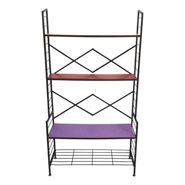 Vintage Varnished Iron Shelf in Wood and Colored Formica, Italy, 1960s For Sale