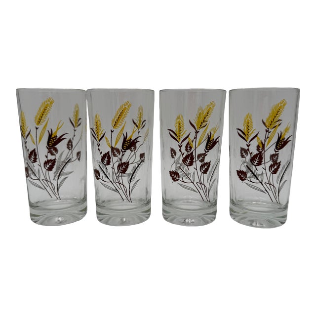 Vintage Autumn Harvest Highball Glass 22k Gold Rim 10 Oz by Taylor Smith Taylor - Set of 4 For Sale