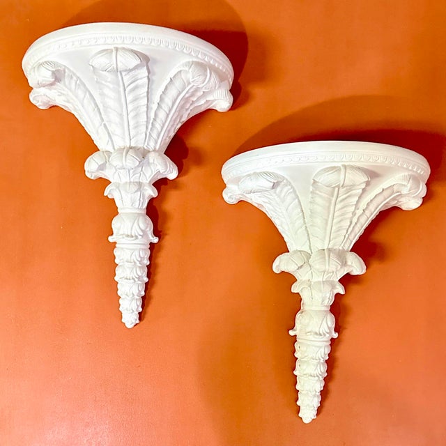 Vintage Palm Beach Regency Serge Roche Style High Gloss White Palm Brackets - Newly Painted For Sale - Image 11 of 12