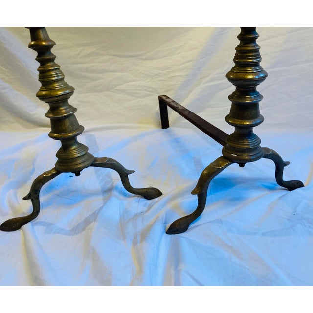 Metal Antique Edwardian Turned Brass Andirons Cast Iron Stands For Sale - Image 7 of 7