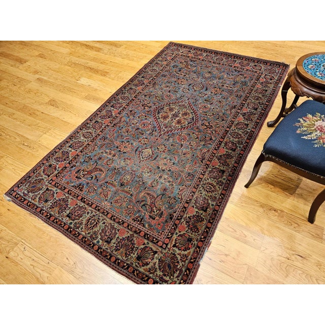 Persian Vintage Persian Kashan Area Rug, Handwoven Floral Pattern, Aqua Blue & Teal Green, 5’ X 8’ For Sale - Image 3 of 12