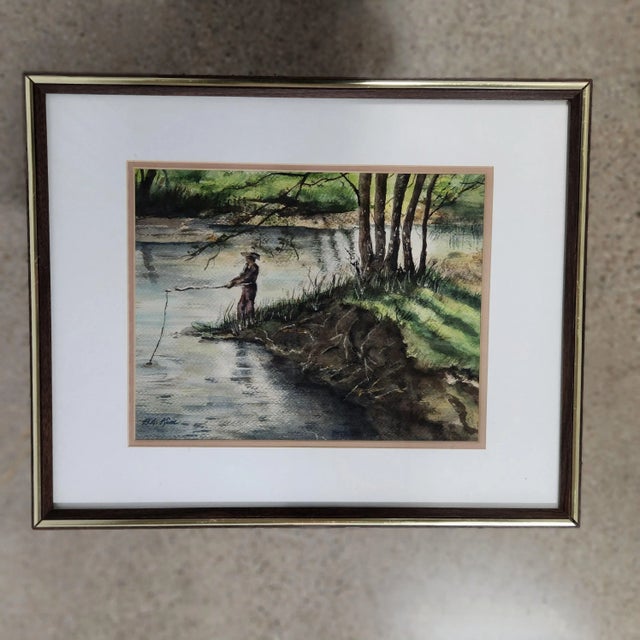 Mid 20th Century Vintage Watercolor Landscape – Man Fishing by River, Signed b.a. Kim, Framed For Sale - Image 5 of 12