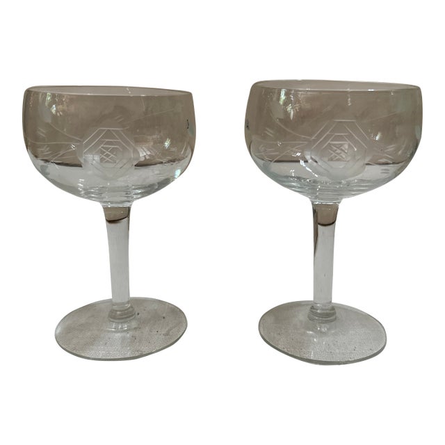 Pair of 1970s Champagne Glasses With Geometric Rose Designs For Sale
