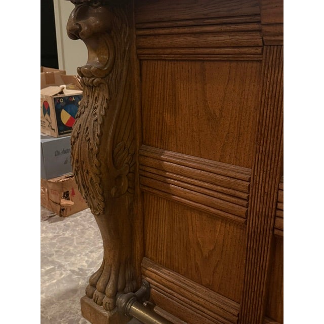 Pulaski Oak Bar With Brass Top and Foot Rail, Griffin Carvings, Plus Custom Inset Oak Doors, Attributed For Sale - Image 4 of 12