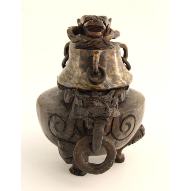 Fine Antique Chinese Spinach-Jade Censer / Incense Burner With Heavy Masculine Hand Carved Dragons For Sale - Image 4 of 6