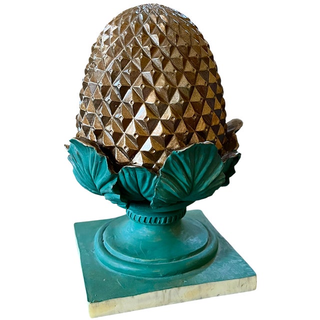 Plastic 1960s Gold & Green Pinecone Finial Sculpture With Acanthus Leaf Motif and Square Plinth For Sale - Image 7 of 10