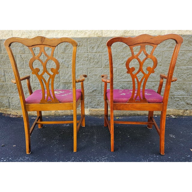 Brown Statesville Chair Mid-Century Chippendale Mahogany Needlepoint Upholstered ArmChairs, Pair For Sale - Image 8 of 10