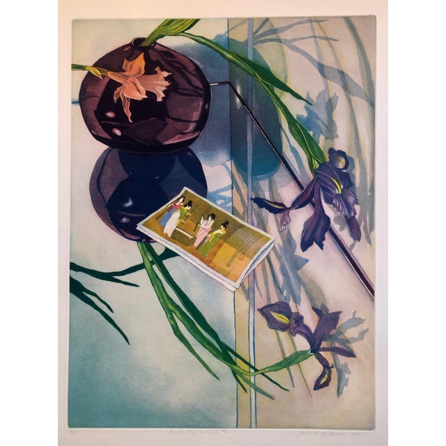 Jane Goldman, Jane Goldman Contemporary Floral Luminous Color Etching Flowers Chinese Geishas, 1982 For Sale - Image 11 of 11