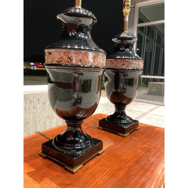 Pair of Black Glazed Porcelain & Bronze Urn Table Lamps From Marbro For Sale - Image 10 of 13