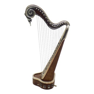 Vintage Italian Harp Figurine in Wood and Silver 800 by Sacchetti, 1980s For Sale