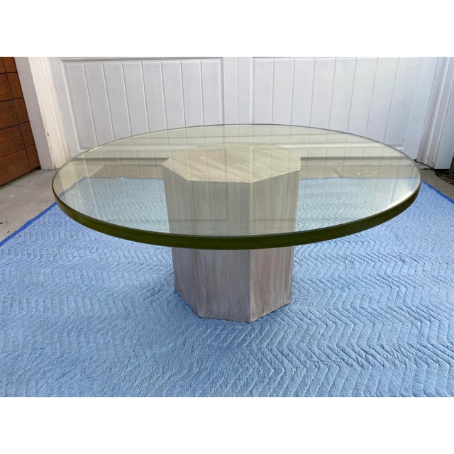 Mid-century modern whitewashed walnut base coffee table with early 1950’s 1 inch thick green glass top.
