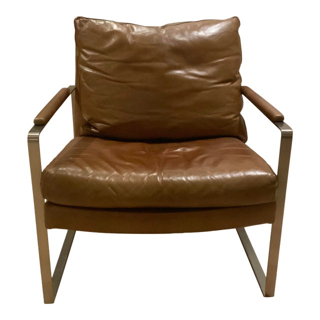 Pottery Barn Brown Leather Metal Armchair For Sale