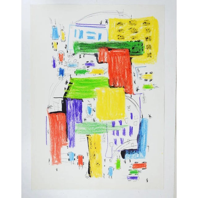 Late 20th century colorful abstract cityscape mixed media oil past and ink painting on thin paper. Unsigned. Unframed,...
