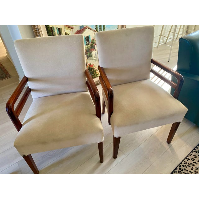 Art Deco 1940s Pair of Art Deco Mahogany Upholstered Chairs With Mahogany Wood Double Arms For Sale - Image 3 of 7