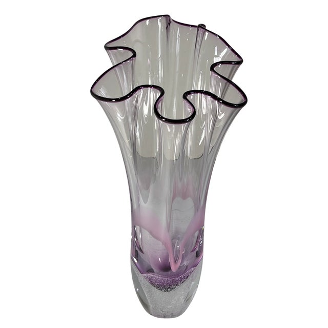 11 3/4 In. Vintage 24 % Lead Crystal Amethyst Purple Art Glass Handkerchief Ruffle Vase For Sale In New York - Image 6 of 17