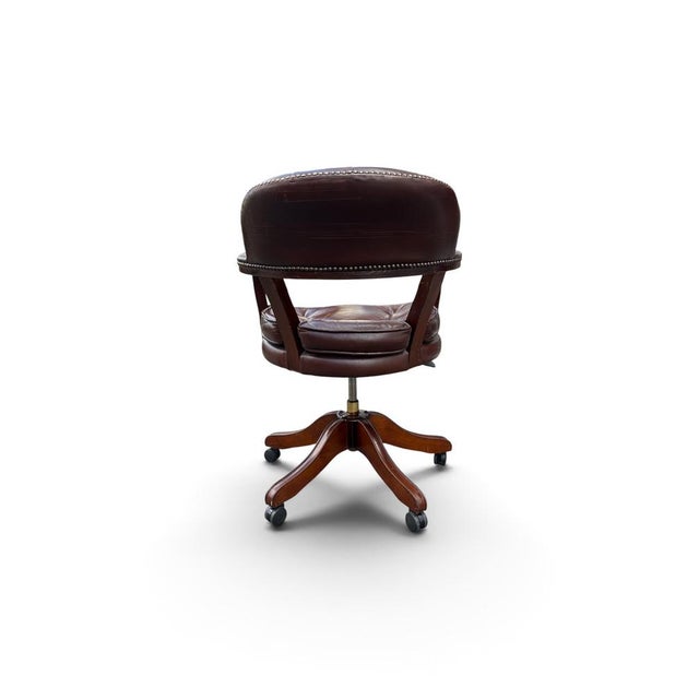 English Swivel Office Chair in Brown Leather and Wood For Sale - Image 4 of 6