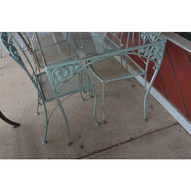 Mid-Century Modern Vintage Salterini Style Iron Aqua Green Patio Table & 4 Chairs, Attributed For Sale - Image 3 of 11