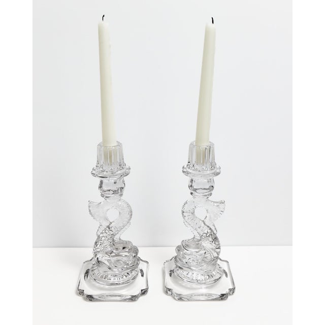 Mid-Century Modern Cambridge Dolphin Fish Clear Glass Candlesticks For Sale - Image 3 of 18