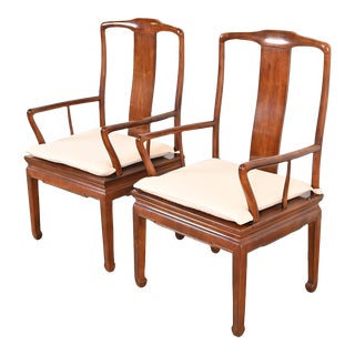 Henredon Hollywood Regency Chinoiserie Sculpted Mahogany Dining Arm Chairs, Pair For Sale