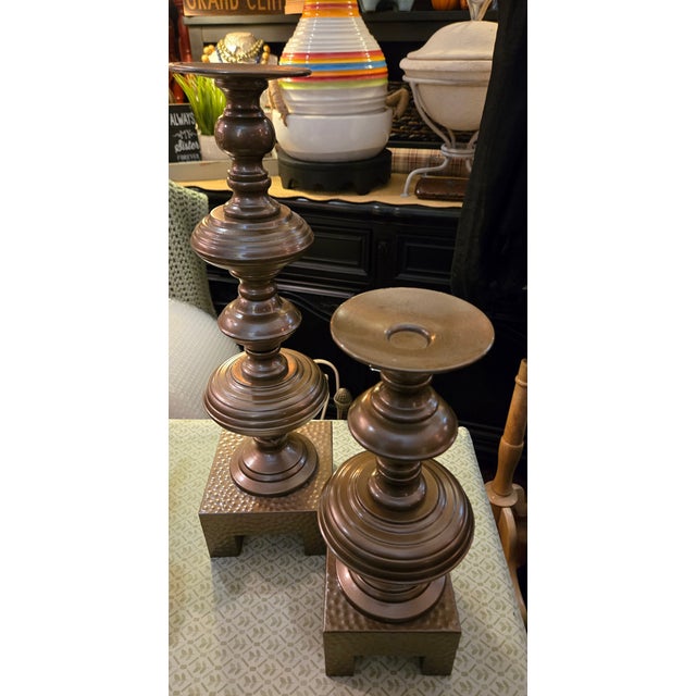 Vintage Carolyn Kinder Copper Finish Hammered Metal Pillar Candle Holders For Sale - Image 4 of 9