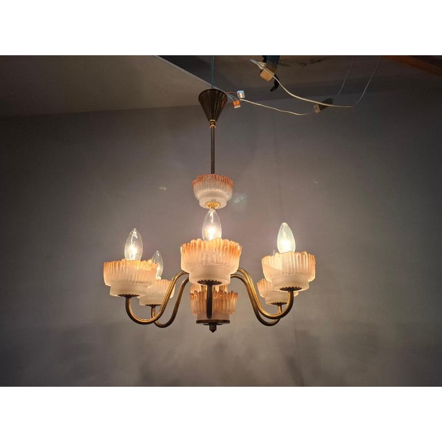 Mid-Century Czech Brass and Frosted Glass 6-Arm Chandelier, Železný Brod, 1960s For Sale - Image 17 of 18