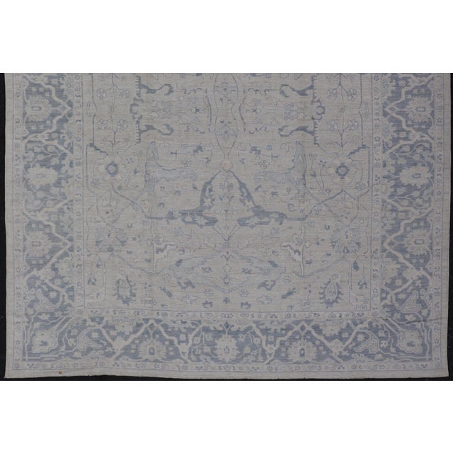 Modern Oushak Rug in Soft Gray With Blue Tones and Refined Classical Motifs For Sale - Image 4 of 12
