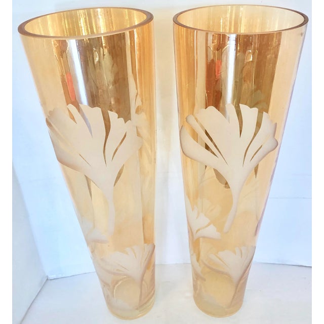 Tall vase with a gold transparent finish and etched leaf pattern. Listing is for one vase only.