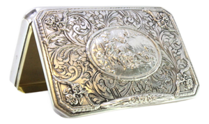 Silver Snuff Box with Raised Card with Country Motifs, Hinged Lid and Golden Interior